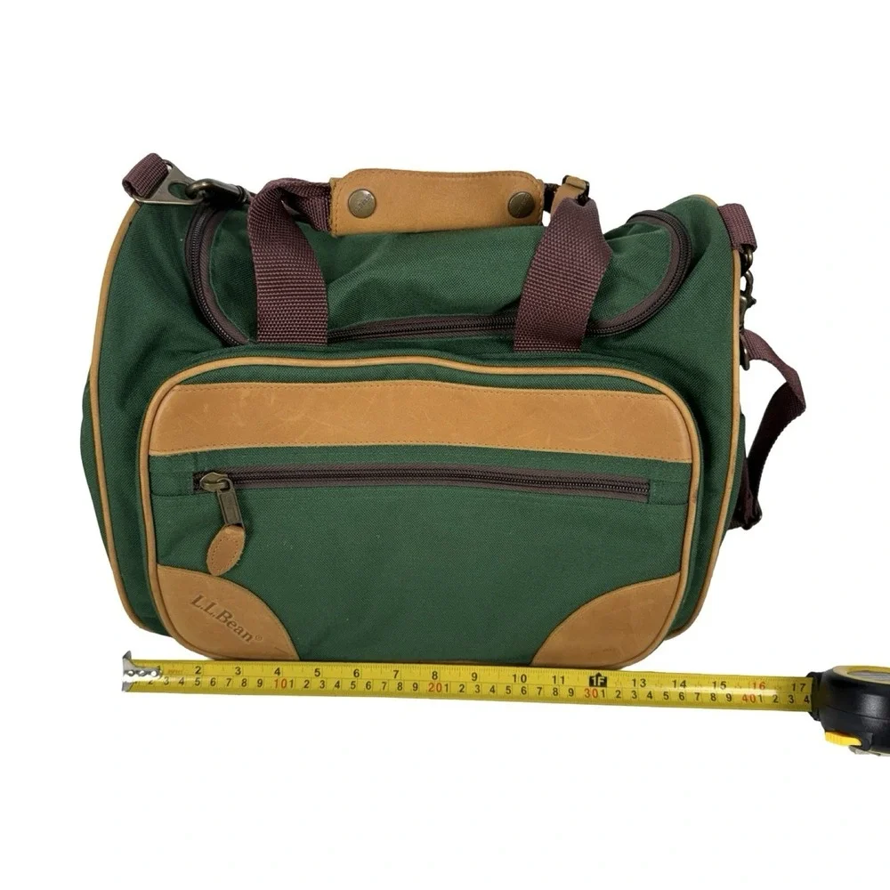 LL Bean Duffle Bag Carry On Small Green Canvas & Leather Straps Vintage